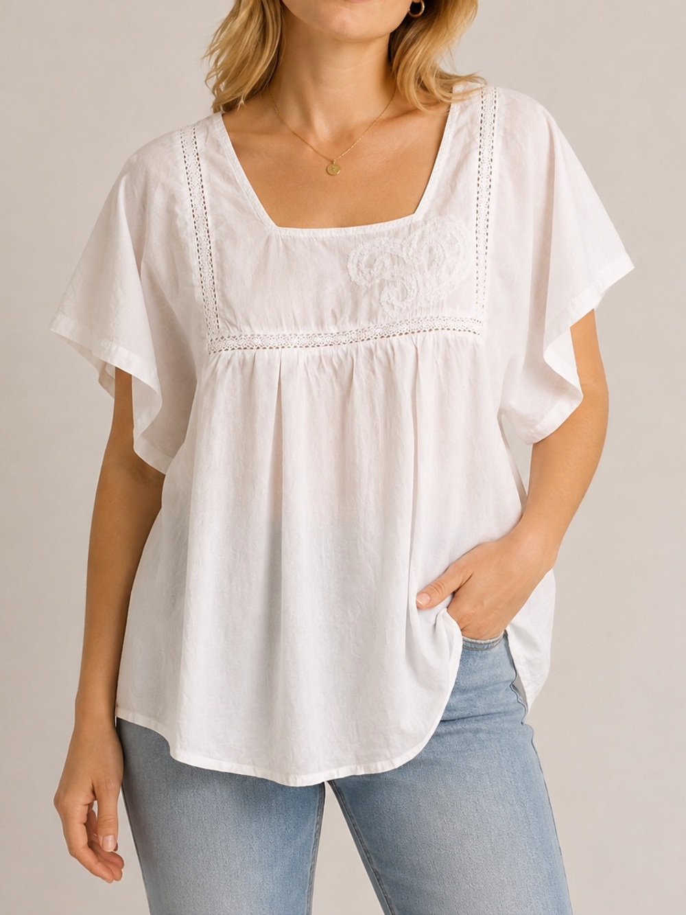 People Tree White 100% Cotton Embroidered Boho Blouse Size 6 Flutter Sleeve